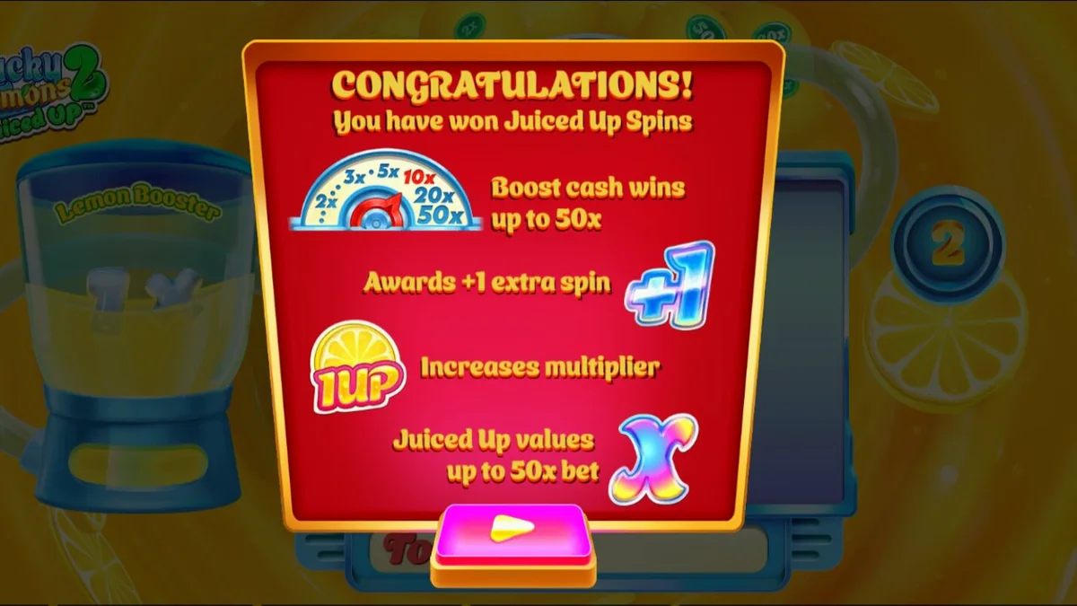 Lucky Lemons 2 Juiced Up slot game screen with vibrant citrus theme