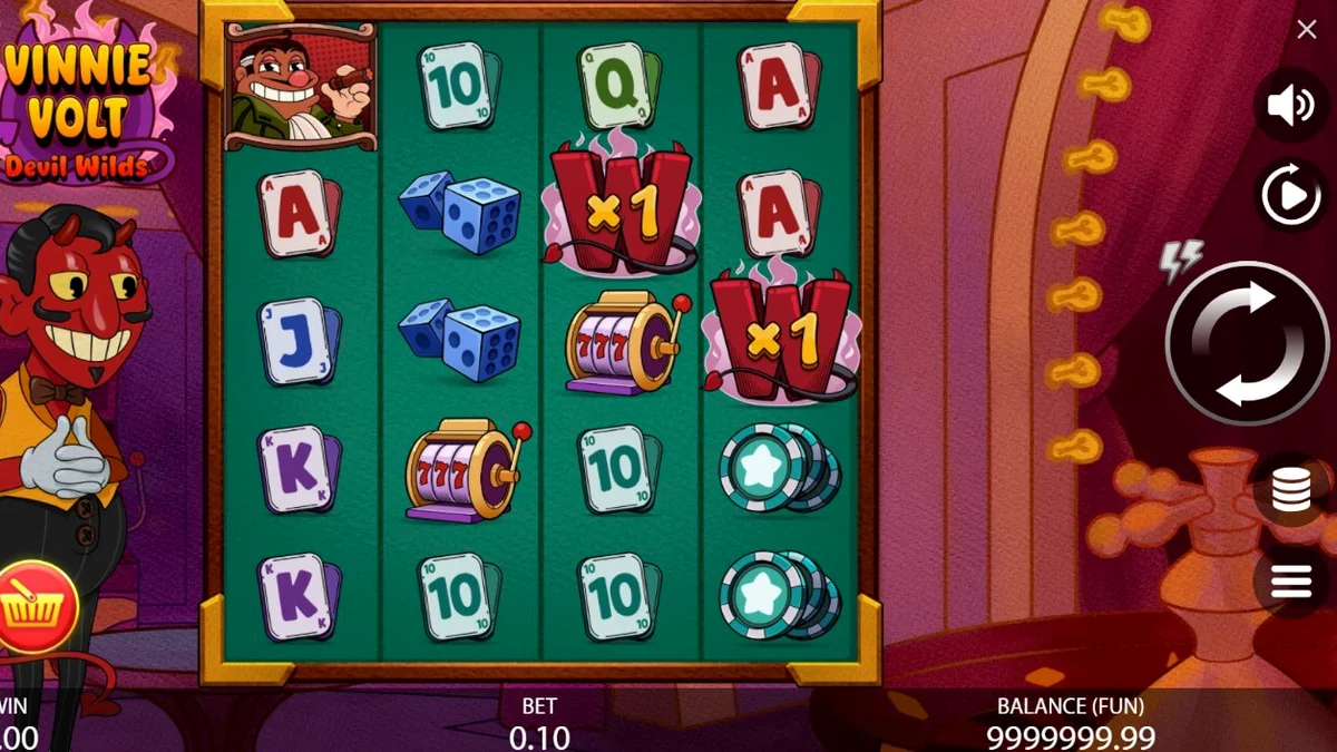 Vinnie Volt: Devil Wilds slot machine interface with cartoon devil character