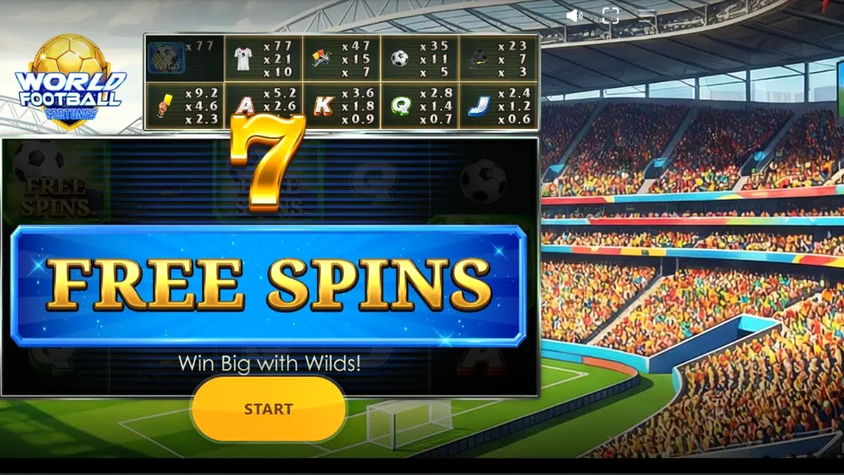 Tampilan visual slot World Football Fortunes dengan latar stadion sepak bola