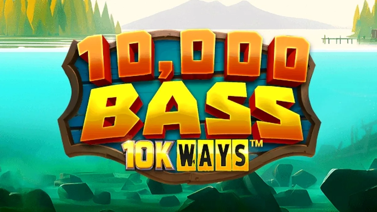 Tampilan visual permainan slot 10,000 Big Bass 10K Ways dengan latar belakang danau.